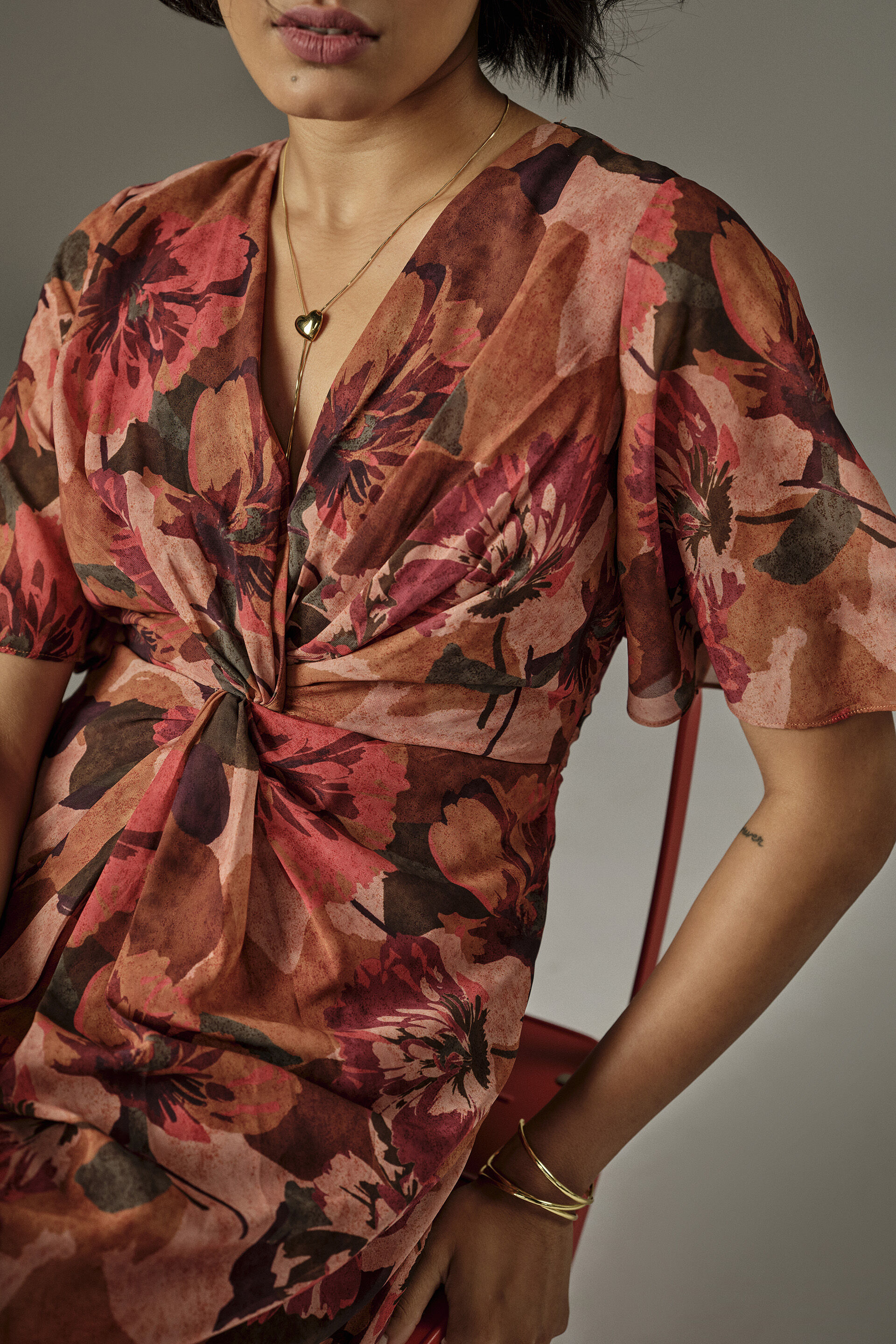 Twist Detail Floral Mini Dress in Orange, Orange, image 3